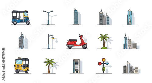 Pixel Art City Icons: Tuk-Tuk, Scooter, Buildings, Streetlights, Palm Trees