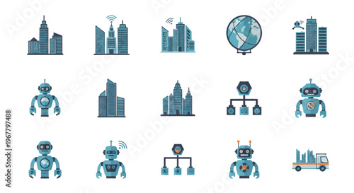 Smart City Icons: Futuristic Buildings, Robots, Globe, Network & Transport