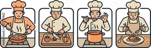 Professional Male Chef Cooking in Various Kitchen Activities
