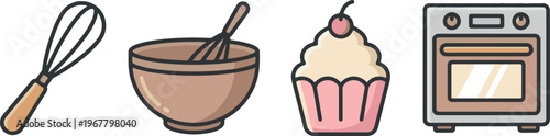 Baking and Pastry Icons with Whisk Cupcake and Oven
