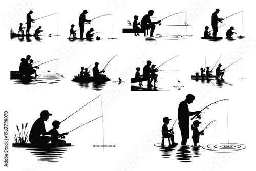 Black silhouettes of people fishing with rods