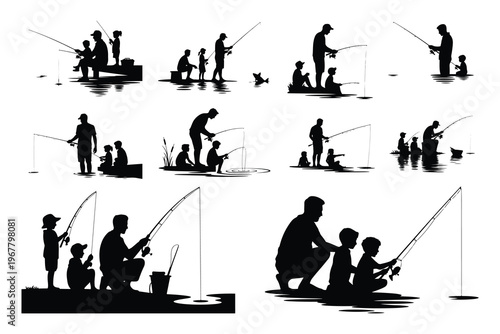Black silhouettes of people fishing white background