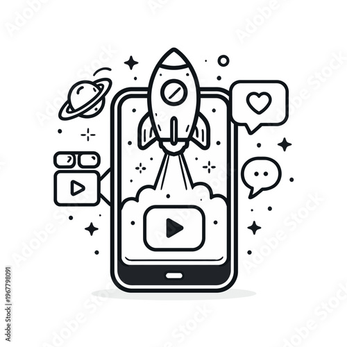 Dynamic illustration of a rocket launching from a smartphone, symbolizing digital marketing success, mobile app launch, or rapid content growth online