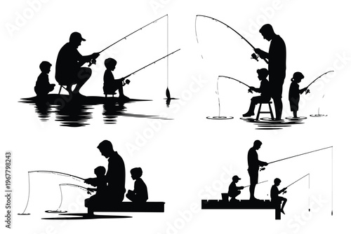 Silhouettes of adults and children fishing together in various poses