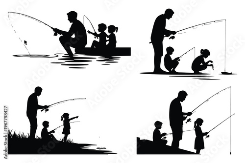 Black silhouettes of adults and children fishing white background