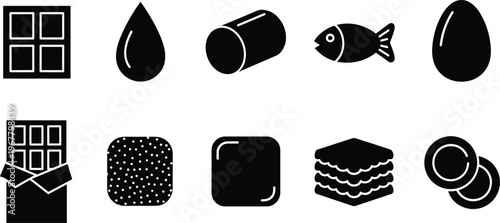 Black and white vector silhouette icons collection featuring chocolate bar, water drop, cylindrical shape, fish, egg, textured square, rounded cube, layered sandwich, and circular discs.