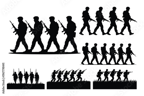 Black silhouettes of soldiers marching and running with guns