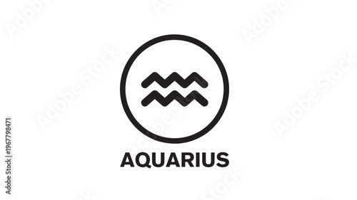 Aquarius zodiac symbol inside a circle with text below, black and white minimalist graphic design illustration.