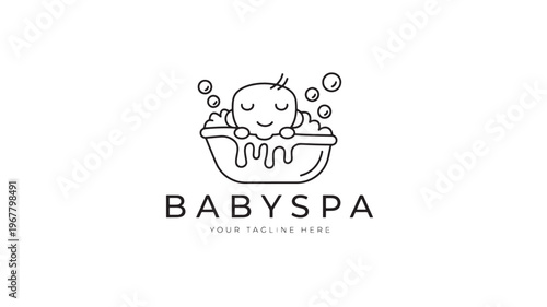 Baby relaxing in a bathtub with bubbles, a simple line art logo for a baby spa or bathing service, evoking cleanliness and comfort.
