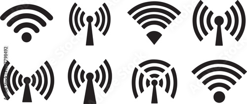 Set of black WiFi signal icons on white background