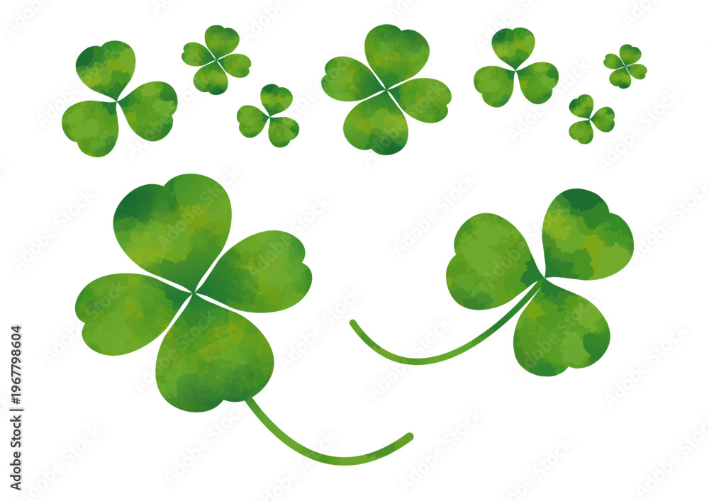 Obraz premium Green watercolor clover set, four leaf lucky shamrock illustration, natural botanical background elements