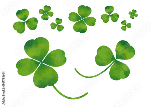 Green watercolor clover set, four leaf lucky shamrock illustration, natural botanical background elements