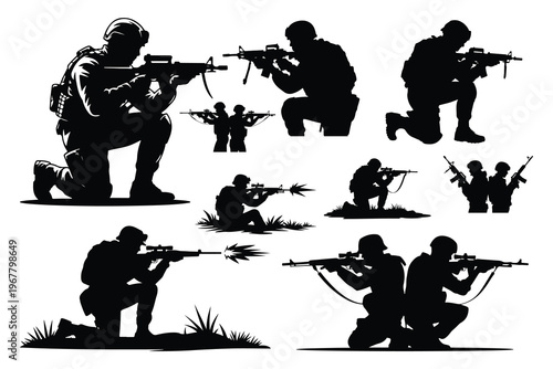 Black silhouettes of soldiers with guns in various positions