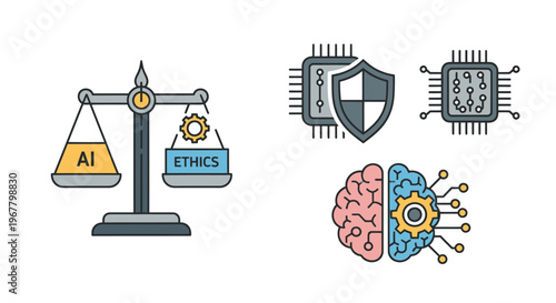 AI Ethics Balance Scale and Technology Icons: Brain, Chip, Shield