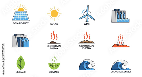 Renewable Energy Icons: Solar, Wind, Geothermal, Biomass, Hydro, Ocean Power