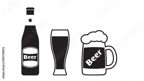 Bottle beer with cap and star, glass of beer, and beer mug with foam, all in black silhouette on a white background.