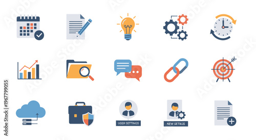 Business Icons Set: Planning, Ideas, Workflow, Time, Analytics, Data, Communication, Link, Goals, Cloud
