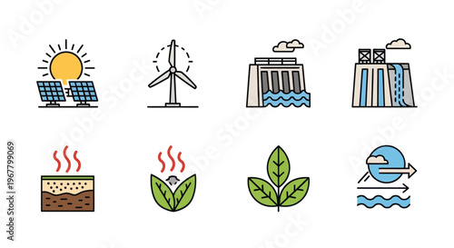 Renewable Energy Icons: Solar, Wind, Hydro, Geothermal, Biomass, and Water Power