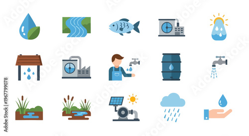 Water Conservation and Management Icons: Resources, Industry, Nature, and Sustainability