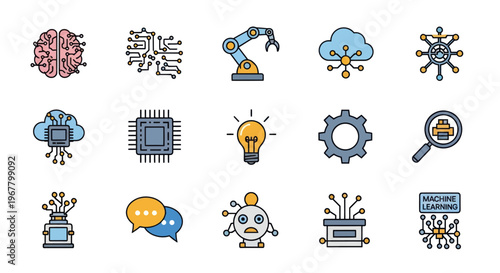 Artificial Intelligence Icons Set: Brain, Robot Arm, Cloud, CPU, Lightbulb, Gear, Search