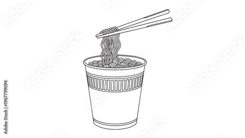 Cup noodles with chopsticks lifting strands of wavy pasta, a simple line art illustration on a white background.