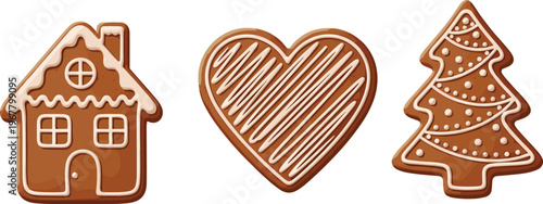 Set of Christmas gingerbread cookies shaped as a house heart and tree with white sugar icing isolated on white background for holiday design.