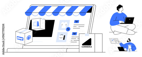 Online shopping, e-commerce platforms, delivery services, digital marketing, remote work, online business growth. Storefront with packages and devices. Online shopping and e-commerce platforms