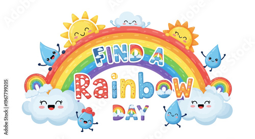 Colorful illustration for Find a Rainbow Day with cartoon clouds and raindrops around a vibrant rainbow on a white background.