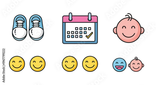 Baby Arrival Icons: Shoes, Calendar, Happy Faces, and Newborns