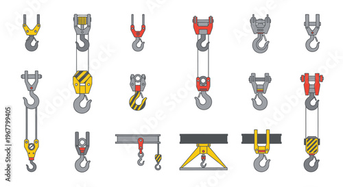 Industrial Lifting Hooks Set: Crane, Hoist, Rigging Hardware Vector Icons