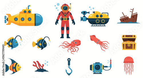 Underwater Adventure: Diver, Submarines, Shipwreck, Sea Creatures, Treasure Chest