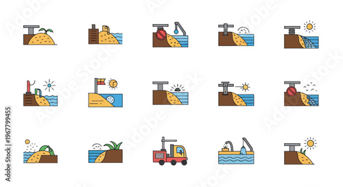 Coastal Erosion and Protection Icons: Sea Level Rise, Construction, and Nature