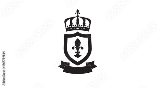 Shield with fleur-de-lis and crown emblem with a banner, classic royal crest illustration featuring heraldry, symbol, antique with vintage and