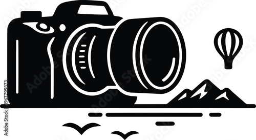 Digital camera icon with landscape scenery elements