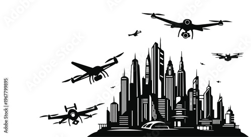 Drones fly over a modern city skyline to monitor urban infrastructure development.