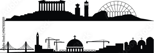 Athens Greece detailed skyline with famous landmarks black and white silhouette vector illustration