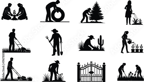 Vector silhouette collection of people gardening including planting trees, mowing lawn, watering flowers, and yard maintenance activities isolated on a white background.