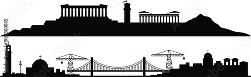 Athens greece skyline silhouette with parthenon acropolis mountain and industrial bridge icons