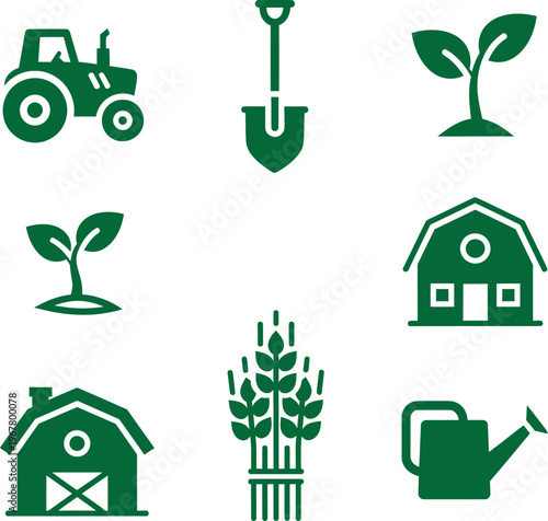 Green agriculture and farming tools icon collection