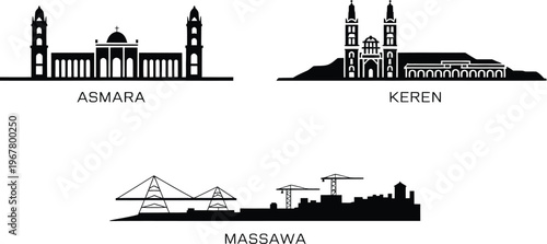 Collection of famous city landmarks silhouettes including Asmara Keren and Massawa port icons