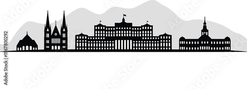 Colonial architecture silhouette featuring grand palace and various religious buildings against hills