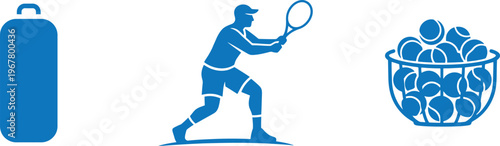 Tennis player silhouette with equipment icon set
