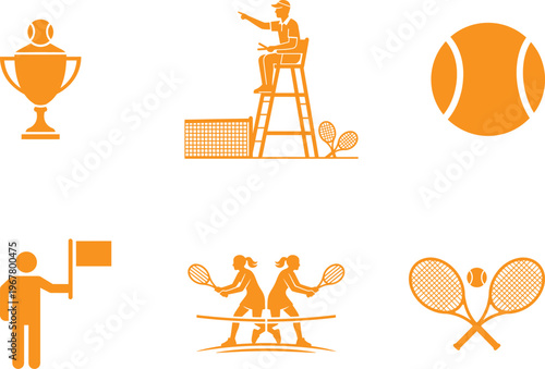 Orange tennis tournament and championship icon set