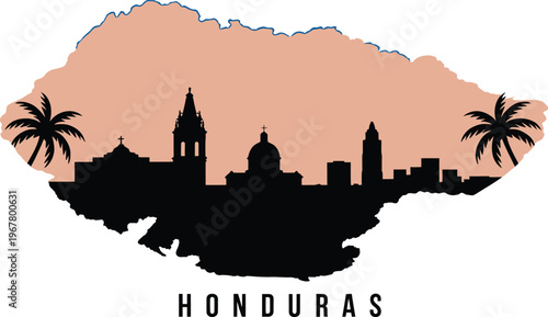 Honduras map with Tegucigalpa city skyline black silhouette tropical country vector illustration