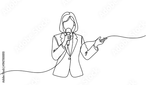 Minimal one line journalist reporter on duty news media vector illustration isolated on white background