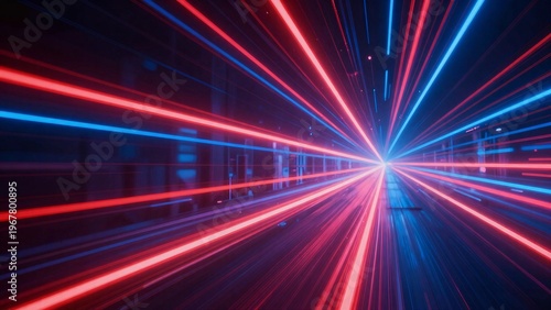 Abstract neon light speed tunnel background with vibrant red and blue laser lines in cyberspace for technology and future concepts