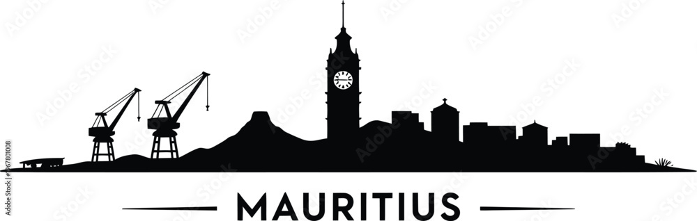 Fototapeta premium Mauritius skyline silhouette of port cranes clock tower mountain and buildings