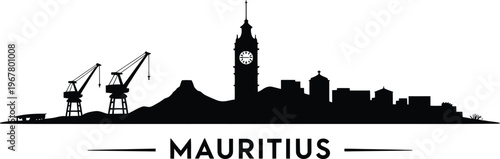 Mauritius skyline silhouette of port cranes clock tower mountain and buildings