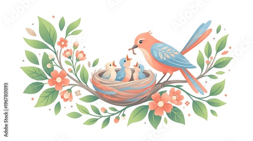 Mother Bird Feeding Baby Birds in Nest with Spring Flowers Illustration