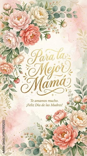 Elegant Mother's Day Greeting Card with Watercolor Peonies and Gold Calligraphy for Best Mom